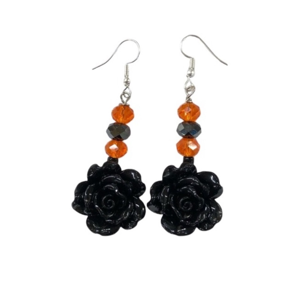 UNBRANDED HANDMADE Acrylic BLACK ROSE Earrings With Chinese CRYSTAL Glass Beads